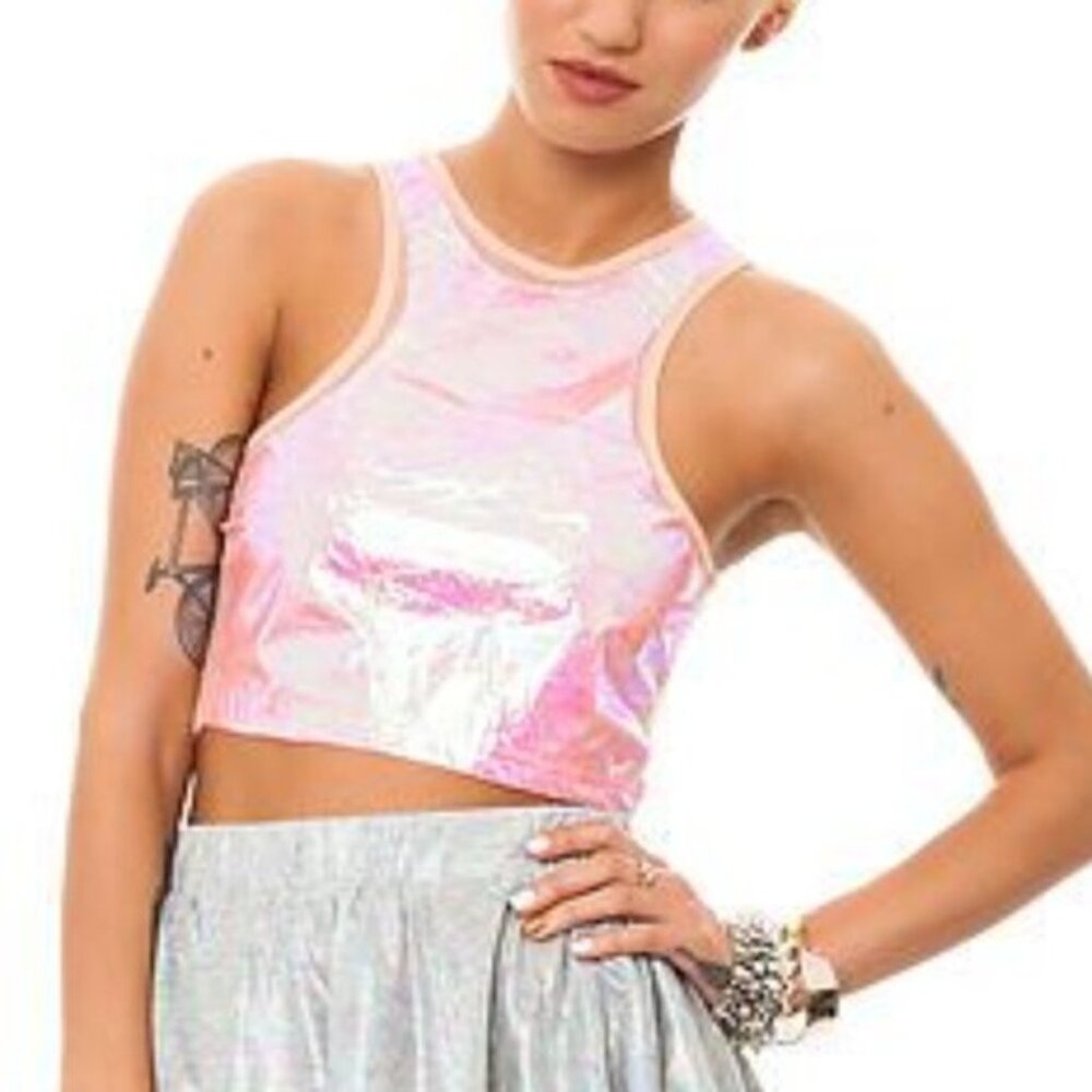 UNIF pink PLUR festival metallic crop tank top